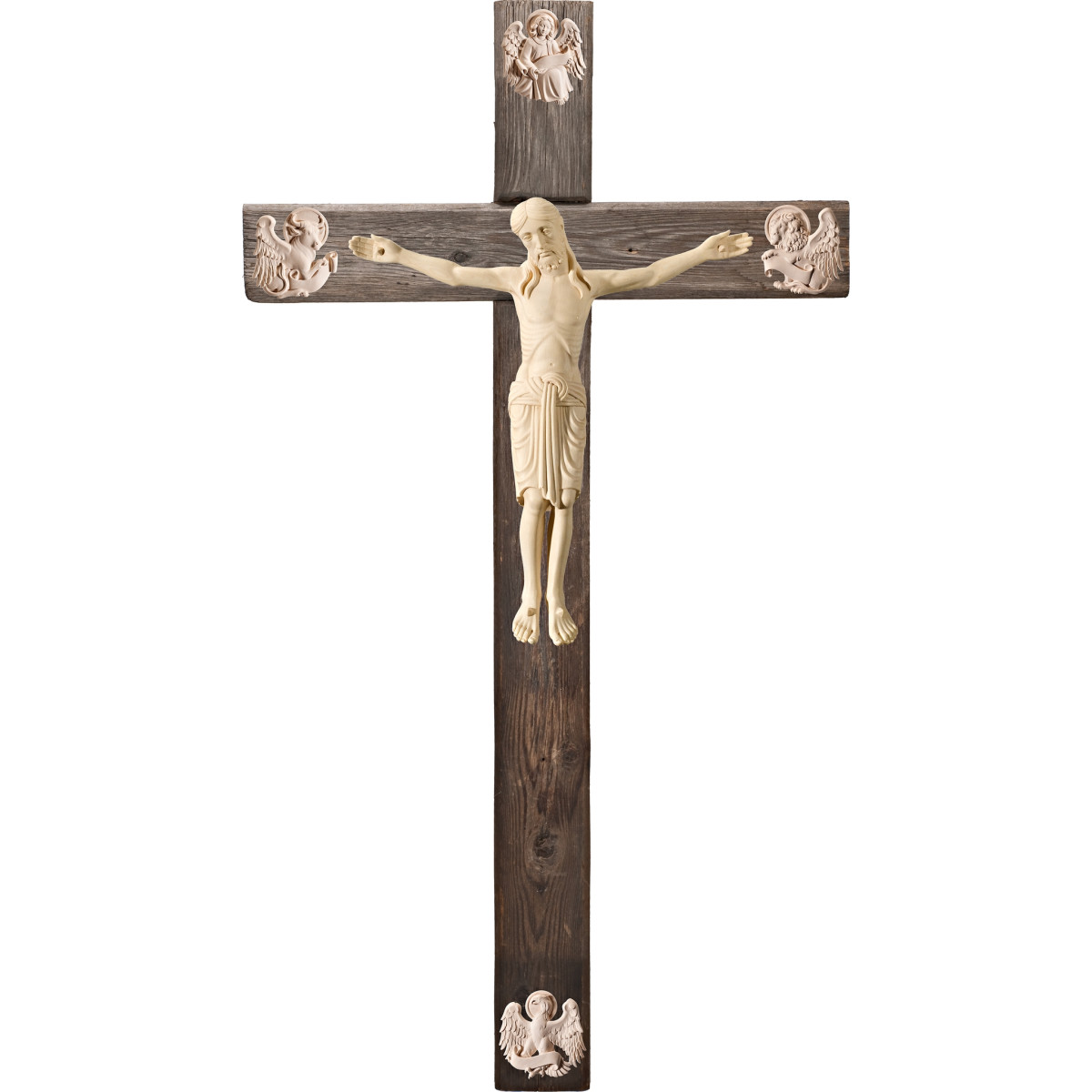 Cristo Románico en cruz Madera vieja con Evangelistas